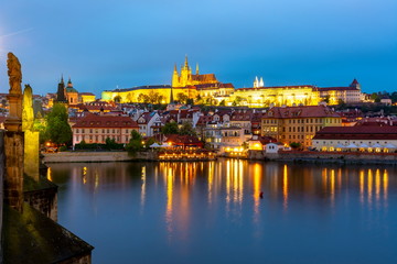 Prague Castle with St. Vitus Cathedral over Lesser town (Mala Strana) at sunset, Czech Republic