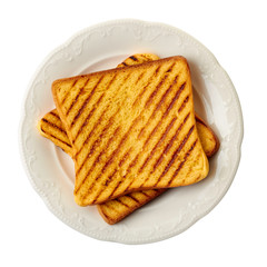 Dish with two roasted slices of bread on white