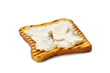 Roasted slice of toast bread with cream cheese on white