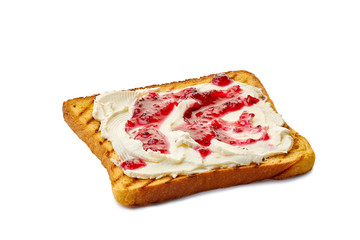 Roasted slice of toast bread with cream cheese and jam on white