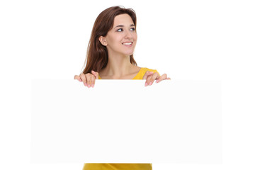 Young woman with blank board on white background