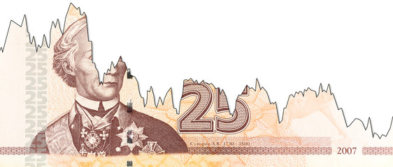 25 transnistrian ruble banknote obverse decline graph indicating exchange rate with copyspace