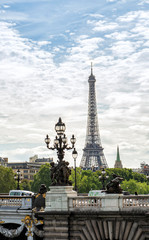 Fototapeta na wymiar The Ornate Beautiful Pont Alexandre III Bridge in Paris with the Eiffel Tower in the Background