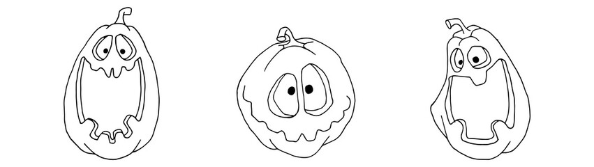 Set of freehand sketching pumpkins for halloween.