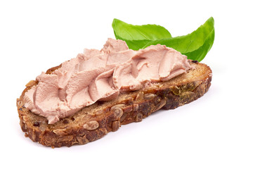 Sandwich with homemade chicken liver pate, isolated on white background
