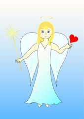 Heavenly image of a colorful angel with a comet, with a heart and a halo