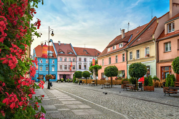 Colorful old houses on Rynek square in Olesnica, Lower Silesia, Poland