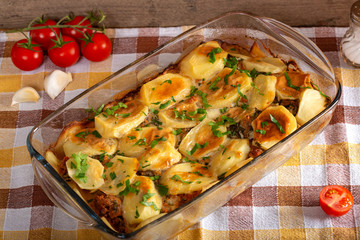 Moussaka - traditional Balkan food with meat and vegetables