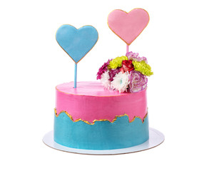 Romantic cake with flowers, and two hearts for an inscription. On black