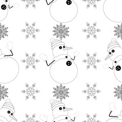 Seamless pattern for Merry Christmas and New Year. Cute Snowman and snowflakes on a white background. Holiday decoration in retro style. Christmas Vector illustration. EPS10.
