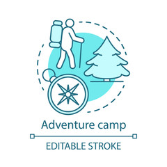 Adventure camp concept icon. Summer hiking and camping club, holiday resort idea thin line illustration. Backpacking in woods, travelling in forest. Vector isolated outline drawing. Editable stroke