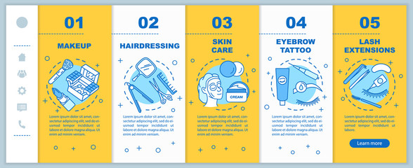 Beauty salon procedures onboarding mobile web pages vector template. Responsive smartphone website interface idea with linear illustrations. Webpage walkthrough step screens. Color concept