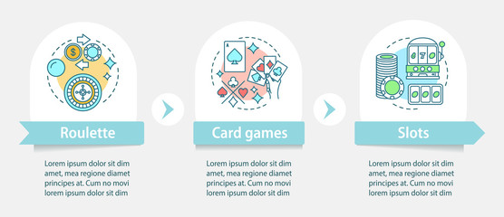 Casino games vector infographic template. Business presentation design elements. Gambling. Data visualization with three steps and options. Process timeline chart. Workflow layout with linear icons