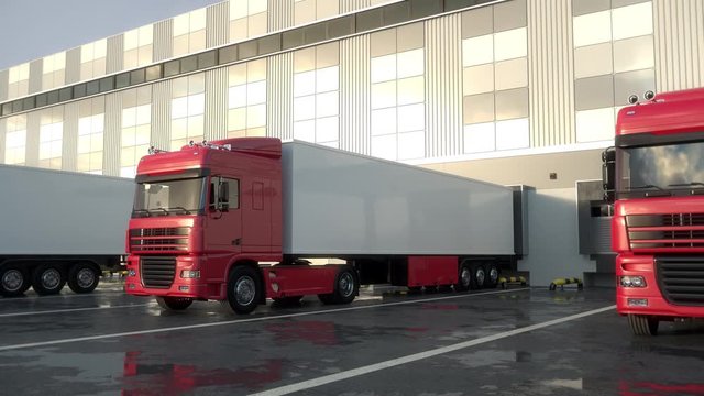 Red semi trucks leaving from warehouse dock after loading or unloading goods. Low parallel tracking shot. Seamless loop. Realistic high quality 3d animation.