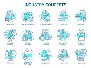 Industry concept icons set. Technology development. Manufacturing, provide service, research and development idea thin line illustrations. Vector isolated outline drawings. Editable stroke