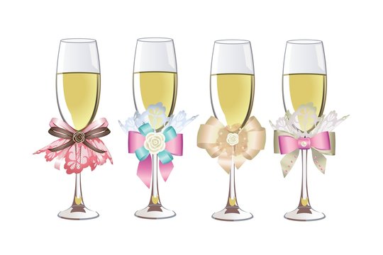 decorated wedding champagne glasses with a beautiful bow