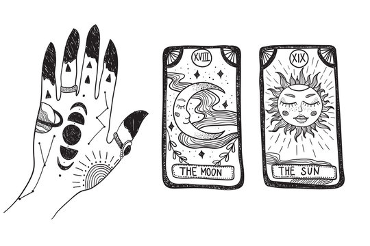 Witch's hand with tattoos, stars and moon phases. Tarot cards. Tattoo sketch. Vector graphic illustration on white isolated background