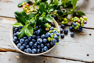 Blueberries with green leaves