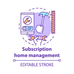 Subscription home management concept icon. Construction tools shop idea thin line illustration. Repairman call service. Smartphone, wrench and hammer vector isolated outline drawing. Editable stroke