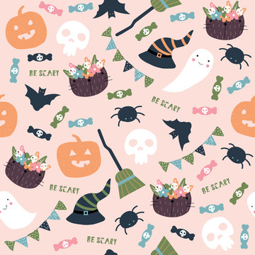 Halloween seamless pattern with doodle elements. Funny holiday print. Vector hand drawn illustration.