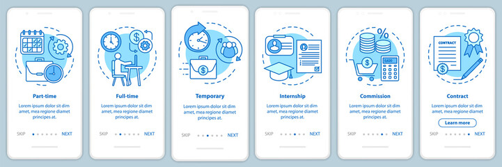 Jobs types blue onboarding mobile app page screen with linear concepts. Part-time, temporary, internship walkthrough steps graphic instructions. UX, UI, GUI vector template with illustrations