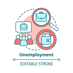 Fototapeta premium Unemployment concept icon. Poverty idea thin line illustration. Joblessness. Jobless and unemployed people. Economy social problem. Workers rights. Vector isolated outline drawing. Editable stroke