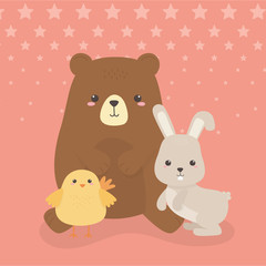 Naklejka na ściany i meble cute bear and chick with rabbit animals farm characters