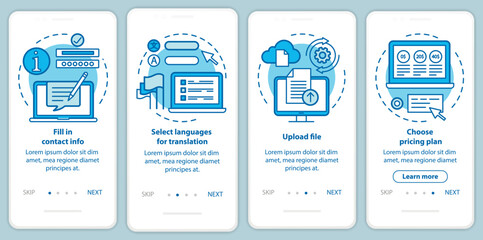 Translation service blue onboarding mobile app page screen with linear concepts. Upload file, choose pricing plan walkthrough steps graphic instructions. UX, UI, GUI vector template with illustrations