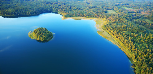 Aerial landscape from the drone - lake in masuria lake district - obrazy, fototapety, plakaty