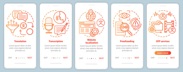 Text services red onboarding mobile app page screen vector template. Translation, proofreading. Walkthrough website steps with linear illustrations. UX, UI, GUI smartphone interface concept