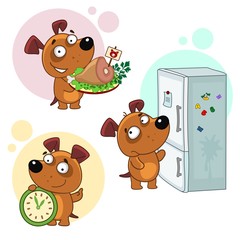 Set of icons with small dogs for design. Puppy and food. The dog opens the refrigerator, stands with a plate with meat ham, holds a clock.