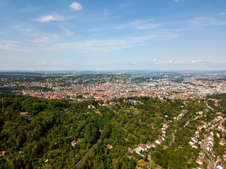 Aerial view of the southern parts and the city centre of Stuttgart, one of the most important industrial cities in Germany.