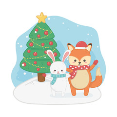 happy merry christmas card with fox and rabbit