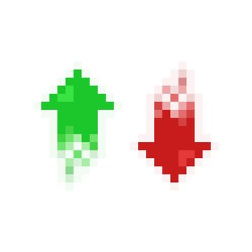 Pixel art increase and decrease arrows set red and green - isolated vector illustration