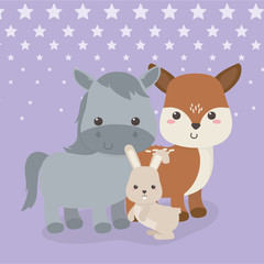 cute horse with fawn and rabbit animals farm characters