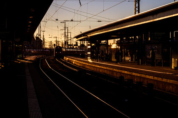 Train arrives to the station at the evening