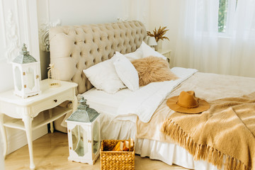 Bed in rustic style. Room interior