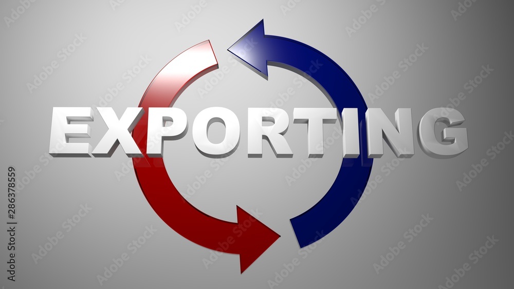 Poster exporting with rotating arrows - 3d rendering illustration