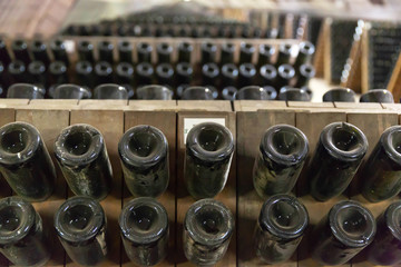 Remuage stage in the manufacture of champagne. Classical manufacturing technology.