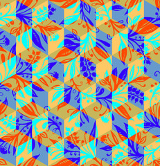 Fototapeta na wymiar Isometric geometric seamless pattern with overlay of hand-drawn and traced flowers and leaves pattern. Abstract geometric background can be used in cover design, book design, poster, cover, flyer. 