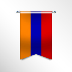 Flag of ARMENIA with texture. National banner Flag Hanging on a Silver Metallic Poles. Vertical 3D Pennant template isolated on a white background. Realistic waving flag triangle. Vector illustration.