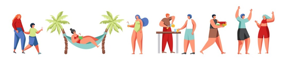 Summer beach people, vector flat isolated illustration