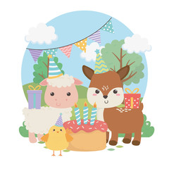cute fawn and sheep in birthday party scene