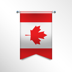 Flag of CANADA with texture. National banner Flag Hanging on a Silver Metallic Poles. Vertical 3D Pennant template isolated on a white background. Realistic waving flag triangle. Vector illustration.