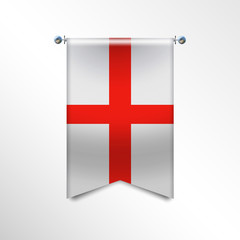 Flag of ENGLAND with texture. National banner Flag Hanging on a Silver Metallic Poles. Vertical 3D Pennant template isolated on a white background.Realistic waving flag triangle. Vector illustration.