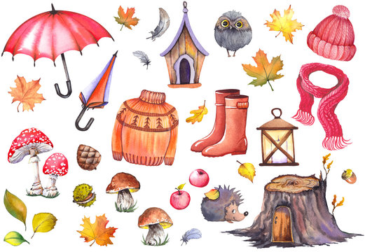 Autumn illustration of umbrellas, knitwear clothing, rubber boots, apples, mushrooms, cute owl, hedghog and colorful leaves. Watercolor isolated on white background.