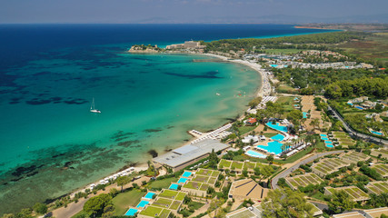 Aerial drone photo from iconic village of Sani with unique nature in North Kassandra peninsula, Halkidiki, North Greece