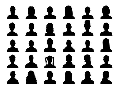 Male and female head silhouettes avatar, profile icons. business profile avatar, black color, isolated on white background