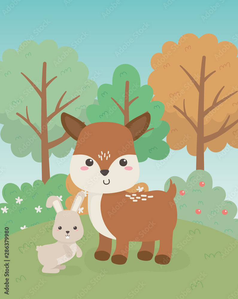 Sticker cute fawn and rabbit animals farm characters