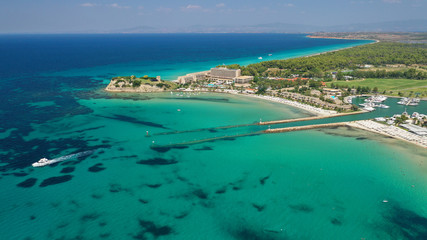 Aerial drone photo from iconic village of Sani with unique nature in North Kassandra peninsula,...